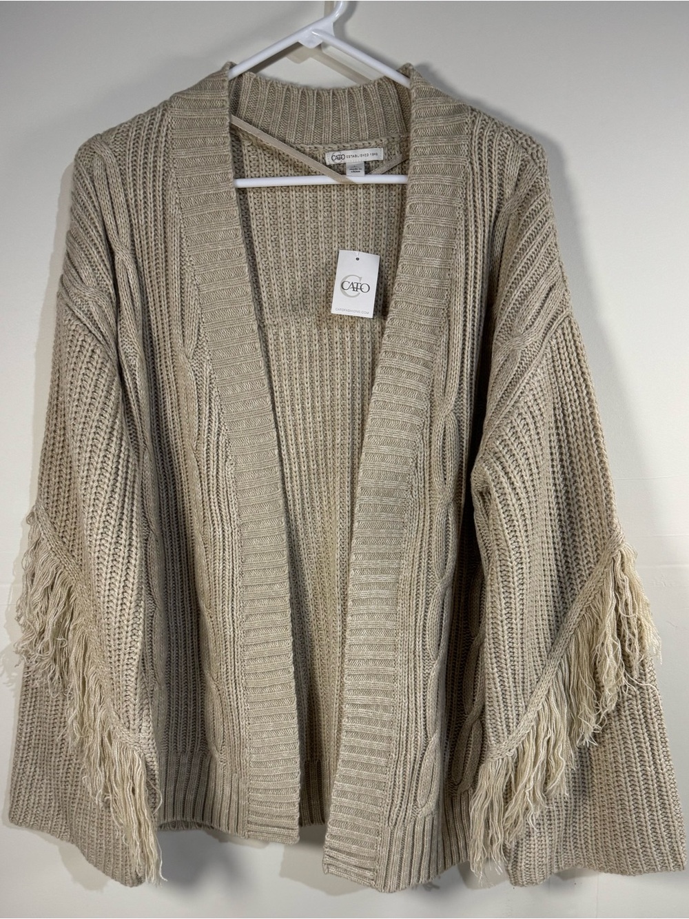 Cato Beige Fringe-Trim Open-Front Cardigan festival boho long sleeve